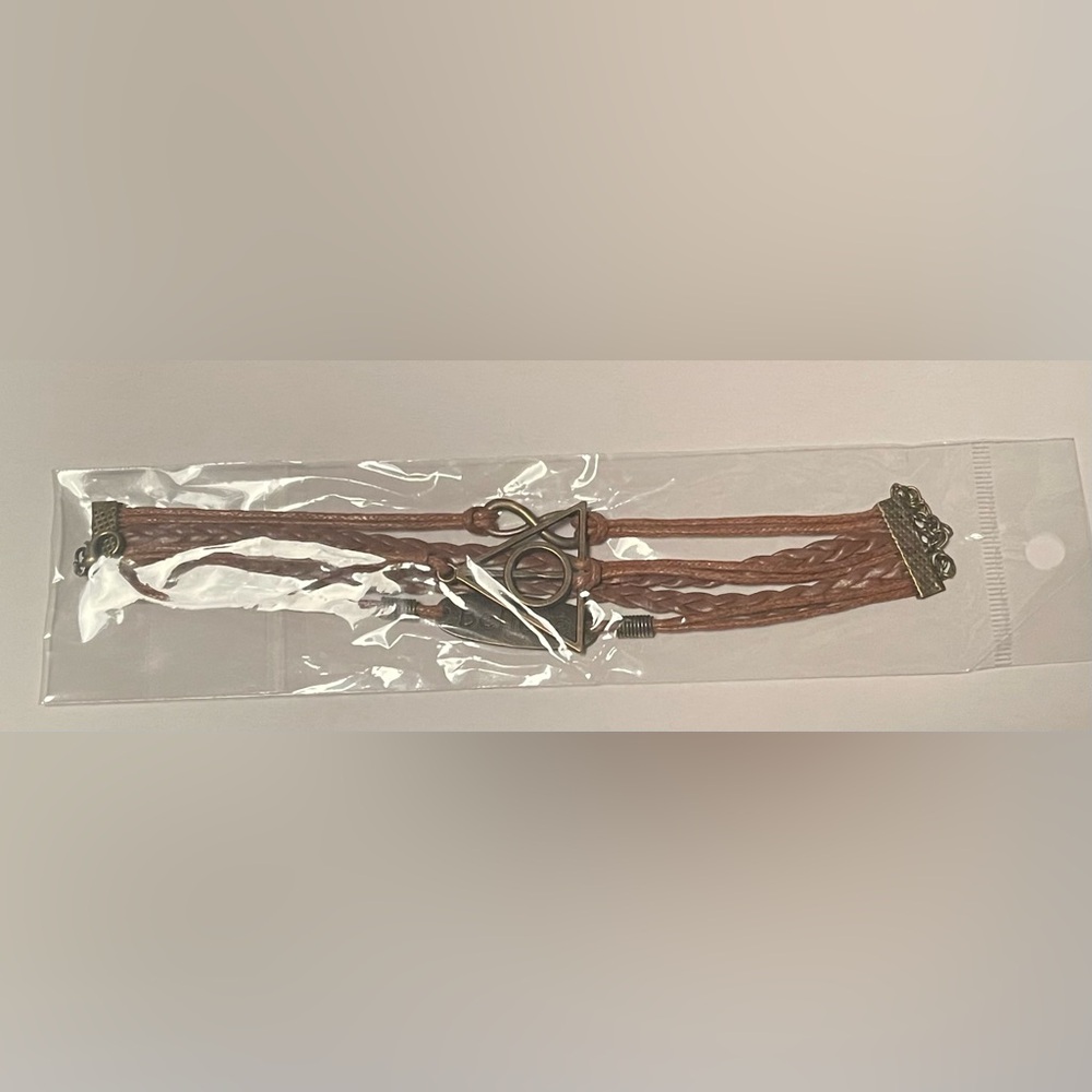 Handmade Brown Leather Infinity Bracelet Deathly Hallows Charm Fashion